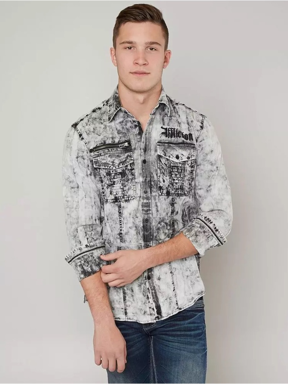 Affliction Distressed Black & White Washed Button-Down Shirt